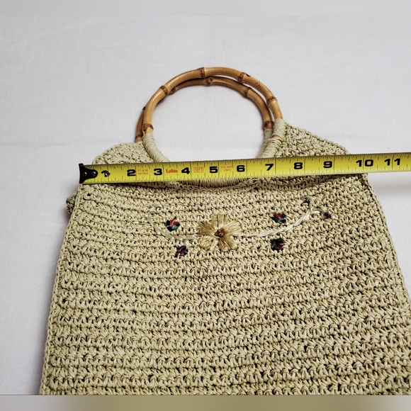 Vintage Fun Summer Straw Handbag With Bamboo Handles Floral Embroidered Boho - Picture 9 of 13
